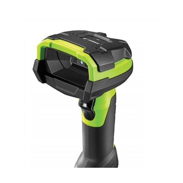 A black and green ultra-rugged barcode scanner with a comfortable grip handle.