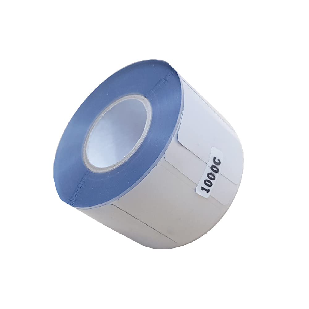 Roll of blue tape with a white label on a white background