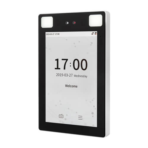 Digital clock with a white screen displaying time and date on a white background