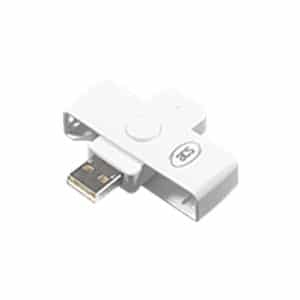 A white ACR39U-N1 Pocketmate II smart card reader with a USB Type-A connector.