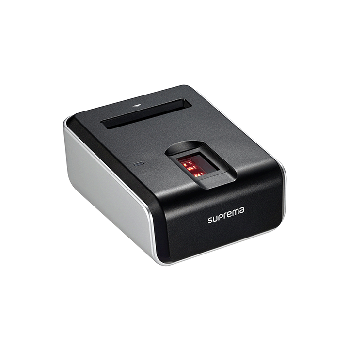 Suprema fingerprint reader on a white background