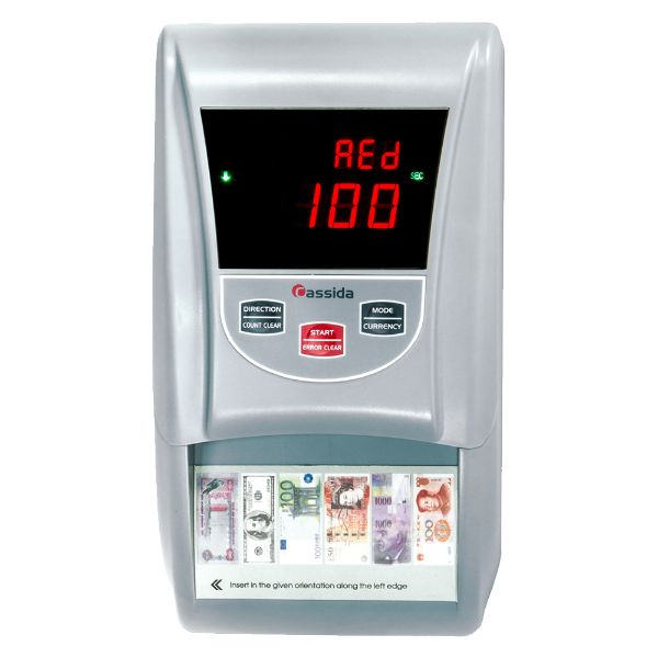Currency counting machine with digital display and bill acceptor on a white background