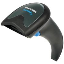 A handheld, wireless Datalogic QW2120-BKK1S barcode scanner with a black body and blue accents.