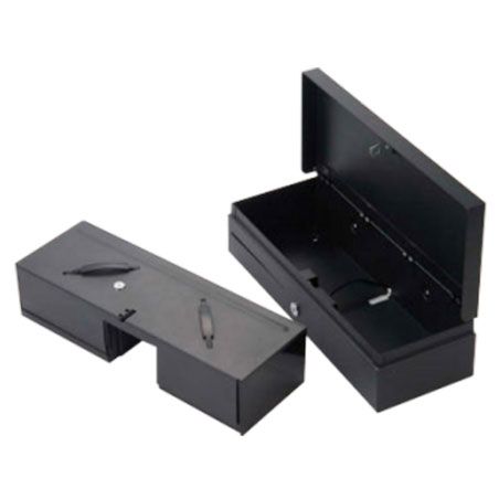 A black metal E-POS Cash Drawer ECH-460 shown open and closed, illustrating its design and structure for organizing cash and other payment forms.