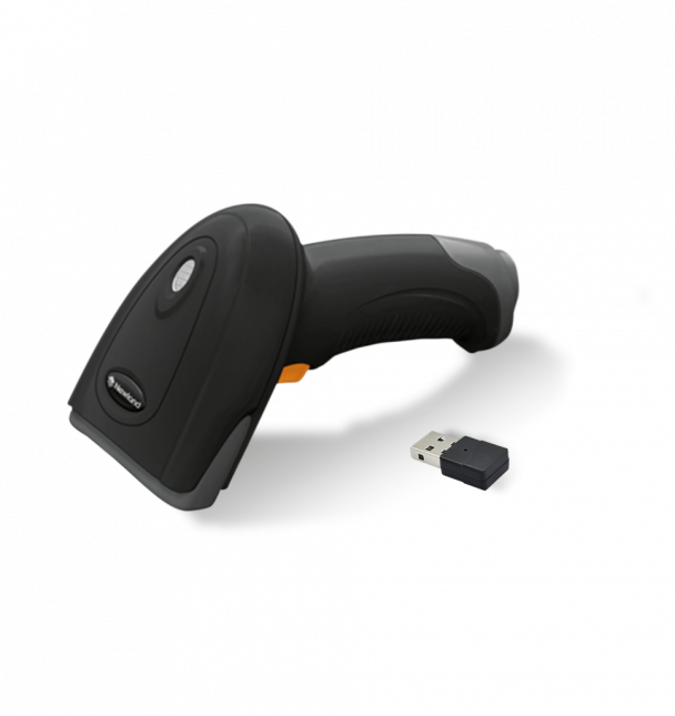 Black barcode scanner with USB receiver on a white background