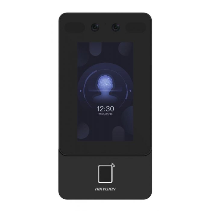 Black electronic device with a screen displaying time and date, featuring Hikvision logo.