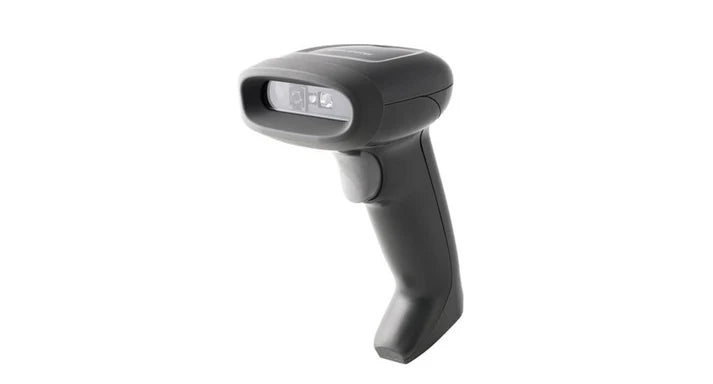 Black barcode scanner on a white background