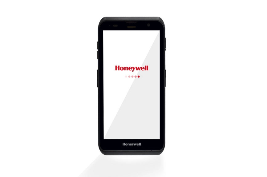 A black Honeywell handheld computer with a logo displayed on the screen, against a white background.