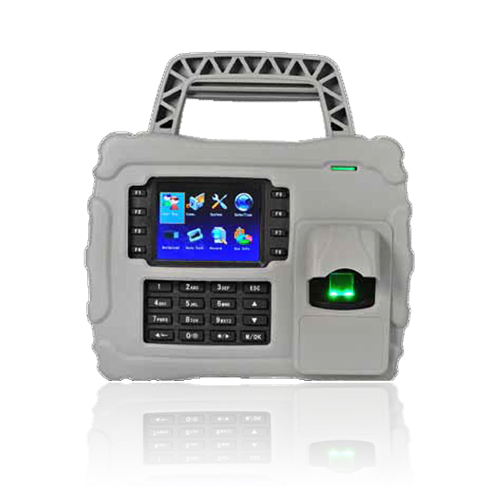 Fingerprint scanner device with a screen and keypad on a white background