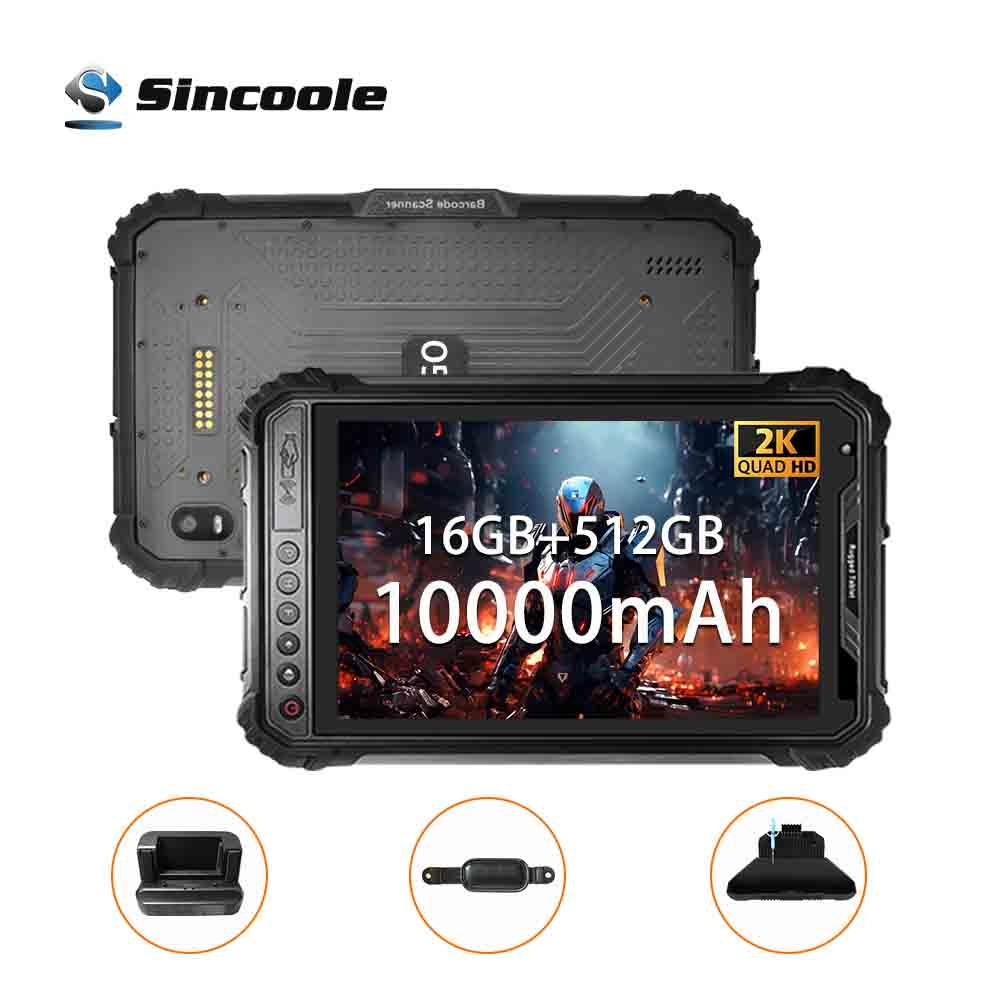 A rugged black Sincoole tablet shown from the front and back on a white background, with text overlays indicating 16GB+512GB, 10000mAh, and 2K Quad HD. Three accessory icons are displayed below the main product image.