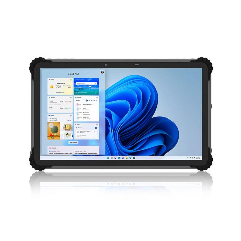 A rugged black tablet with a protective drop-resistant frame, displaying the Windows 11 desktop interface on its screen against a clean white background.