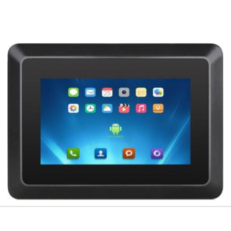 A black rectangular touchscreen device with rounded corners, shown against a plain white background. The screen is on and displaying a blue Android home screen with various colorful app icons.