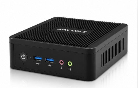 A black SINCOLE mini desktop computer with a ribbed metal top, shown at a three-quarter angle on a white background with a soft reflection.