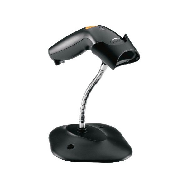 A black Symbol LS1203 barcode scanner with a flexible stand on a flat surface.