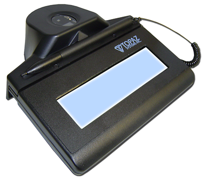 A black Topaz brand signature capture LCD screen with a stylus on top.
