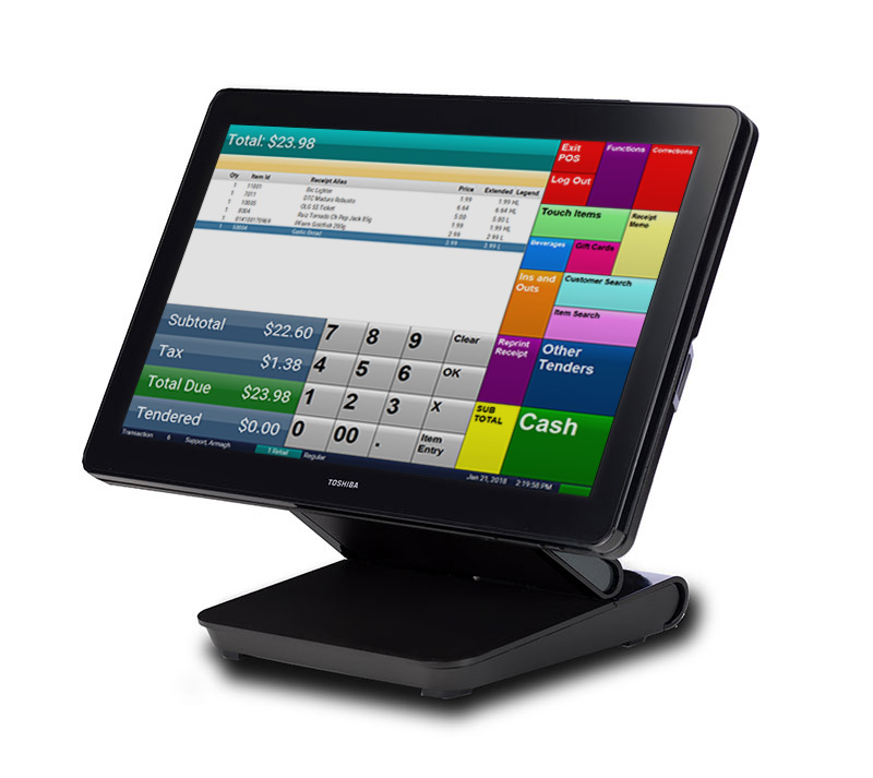 Toshiba TCX 800 POS machine featuring a touchscreen display with a colorful interface, positioned on a stand.