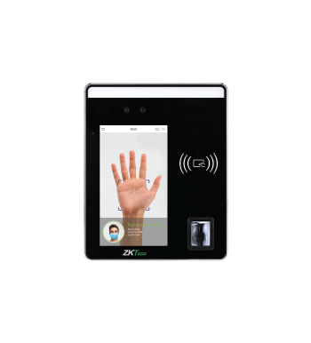 Biometric authentication device with a display showing a hand scan and a card reader.