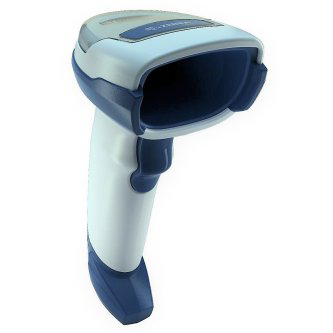 Healthcare barcode scanner with a white body, blue grips, and a gray scanning window.