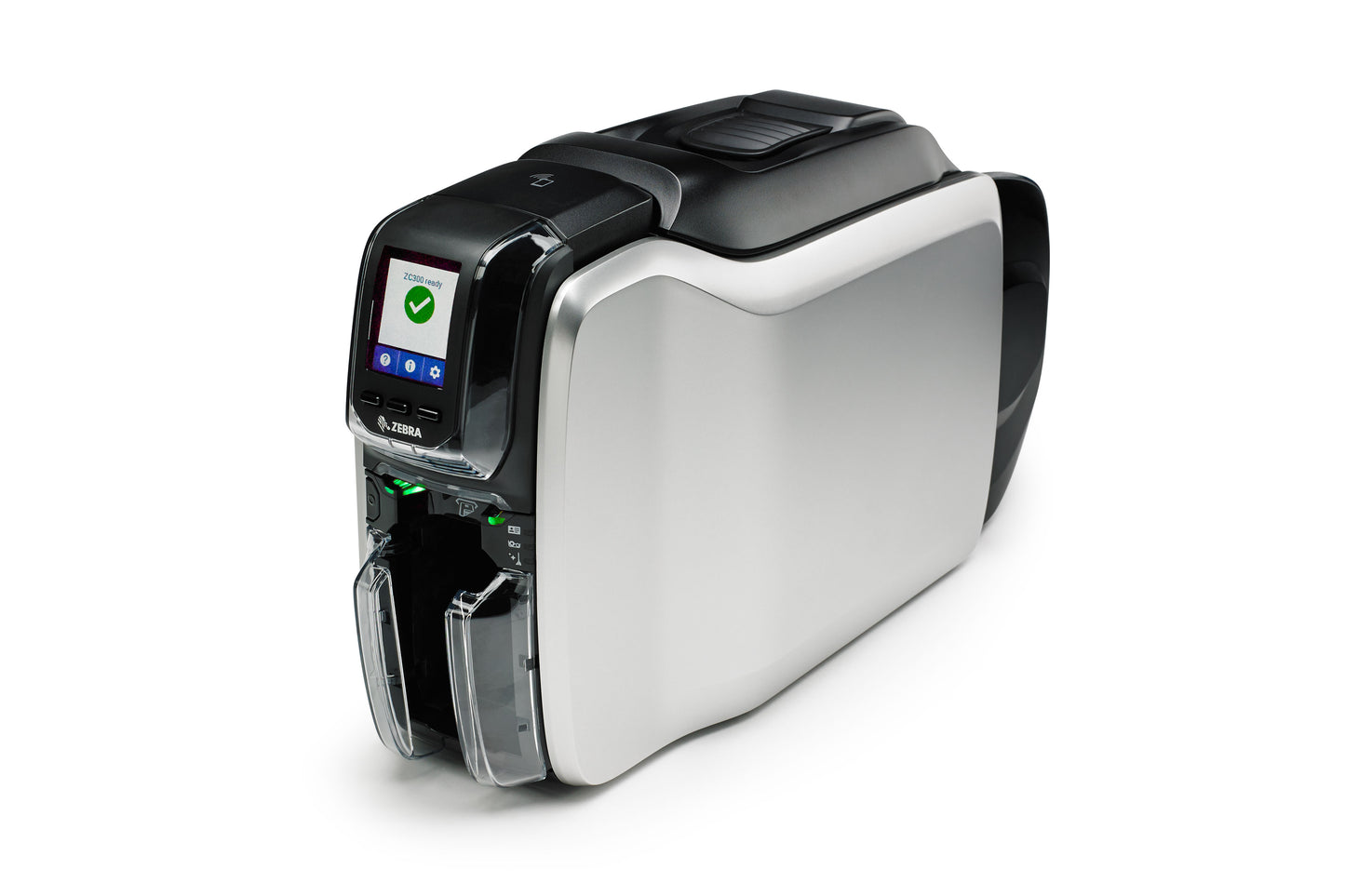 A Zebra ZC300 single-sided ID card printer, featuring a gray and black color scheme with a compact design.