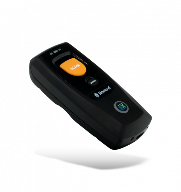 Black handheld scanner with orange 'Scan' button on a white background