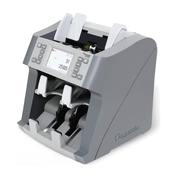 Gray and white currency counting machine with digital display on a white background