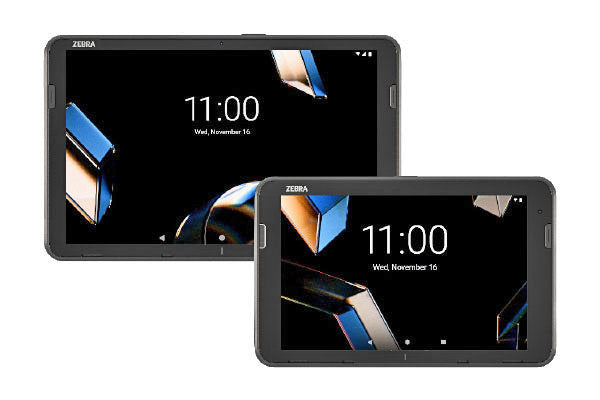 Two Zebra tablets displaying a similar screen with time and date on a white background