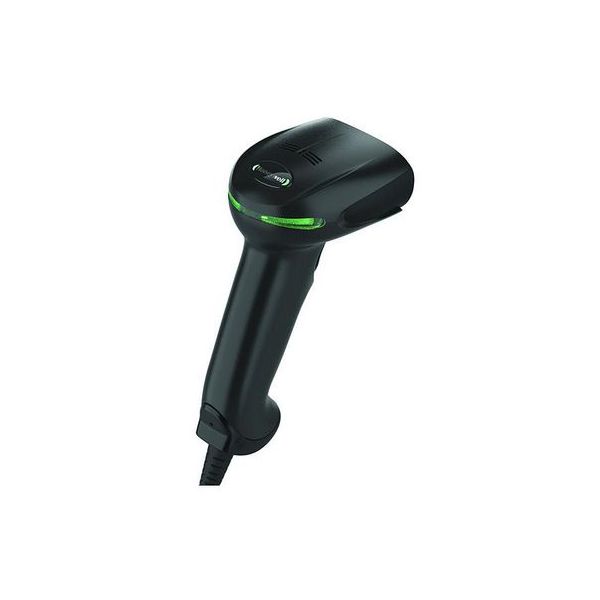 A black Honeywell Xenon XP 1950G-HD 2D barcode scanner with a USB cable.