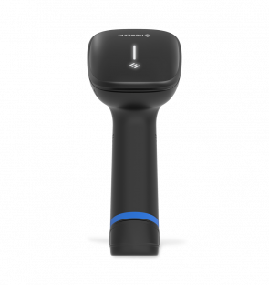 Black barcode scanner with a blue accent on a white background