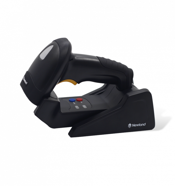 Black barcode scanner with Newland branding on a white background