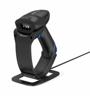 Black barcode scanner with cable on a white background