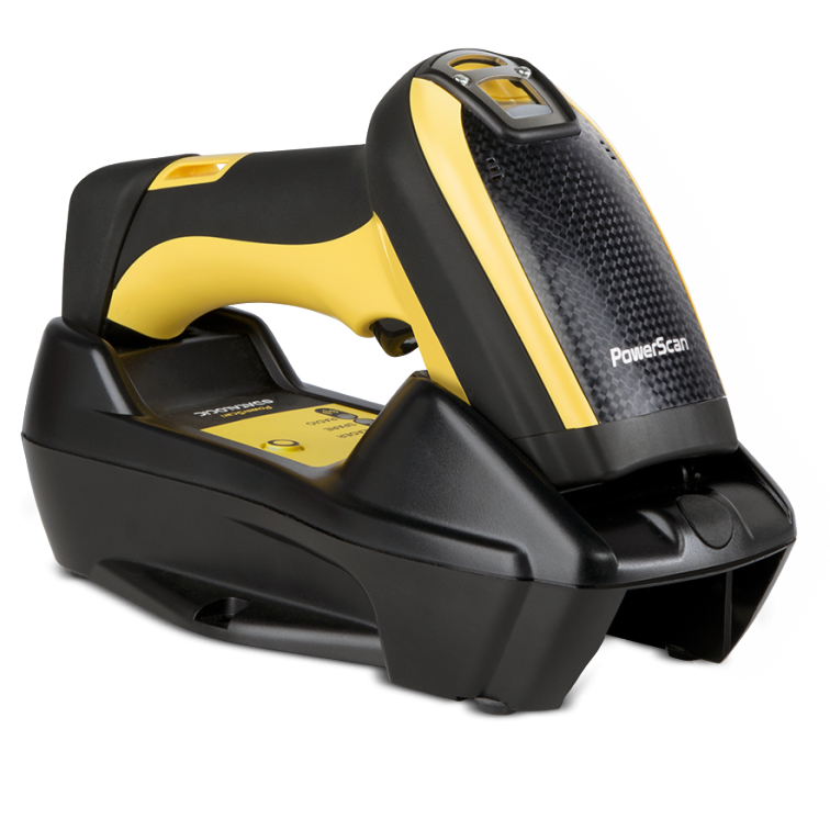 Black and yellow PowerScan barcode scanner on a white background