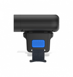 Black electronic device with a blue screen on a white background