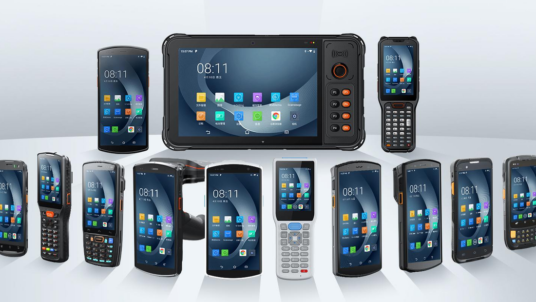 A collection of rugged mobile computers in various forms, including handheld devices, tablets, and smartphones