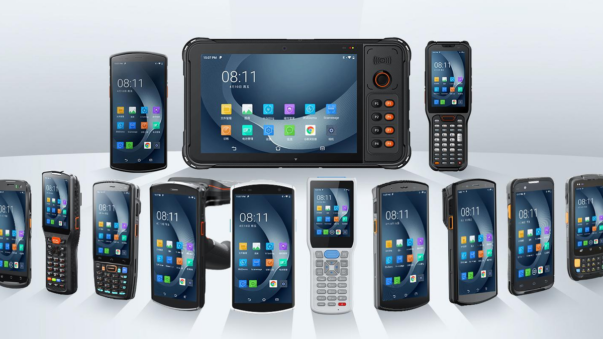 A collection of rugged mobile computers in various forms, including handheld devices, tablets, and smartphones