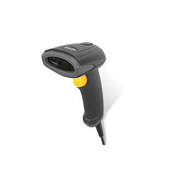 Barcode scanner with black and yellow design on a white background