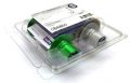 Small electronic device with green connector on a clear background