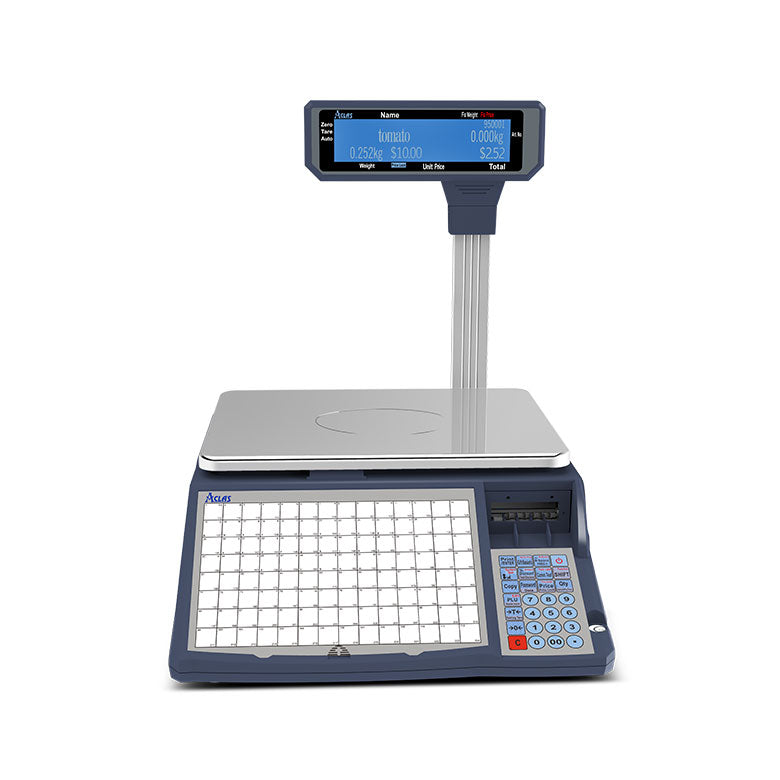 A digital label scale with a silver platform, black keypad, and a digital display, set on a white background.