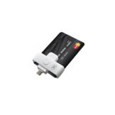 A smart card reader with a USB Type-C connector, primarily black in color, designed for reading various types of cards.