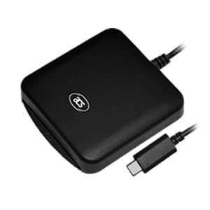 A black smart card reader with a USB Type C connector and a cable.