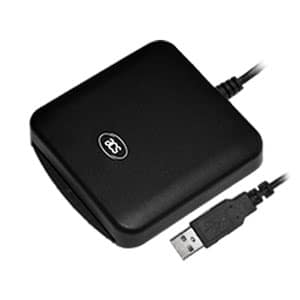 A black smart card reader with a USB Type A connector, along with a USB cable.