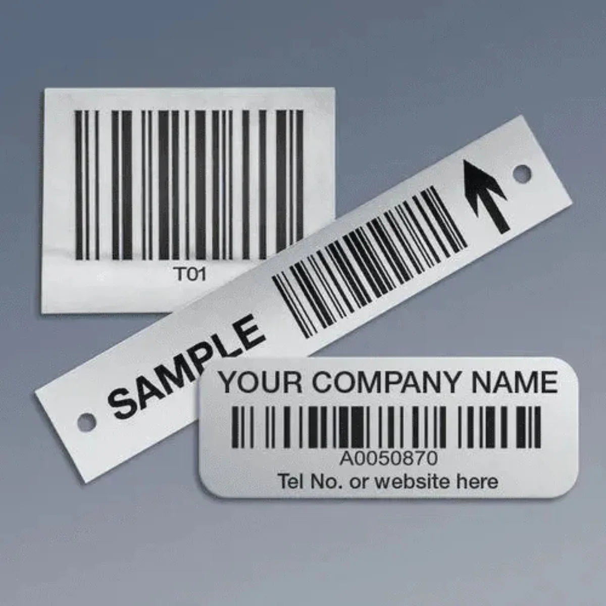 Barcodes on labels with customizable text on a gray background