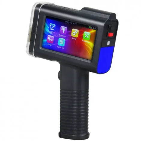 A handheld inkjet printer with a color display screen, predominantly black with blue accents.