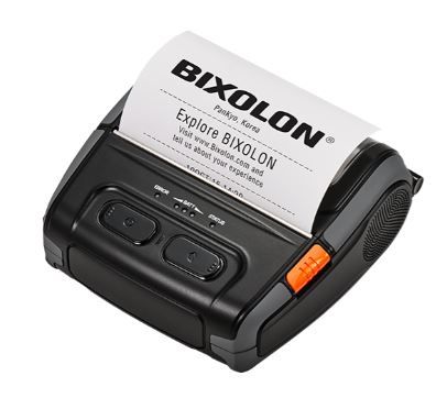 Bixolon portable printer with a sheet of paper displaying 'Bixolon' on a white background