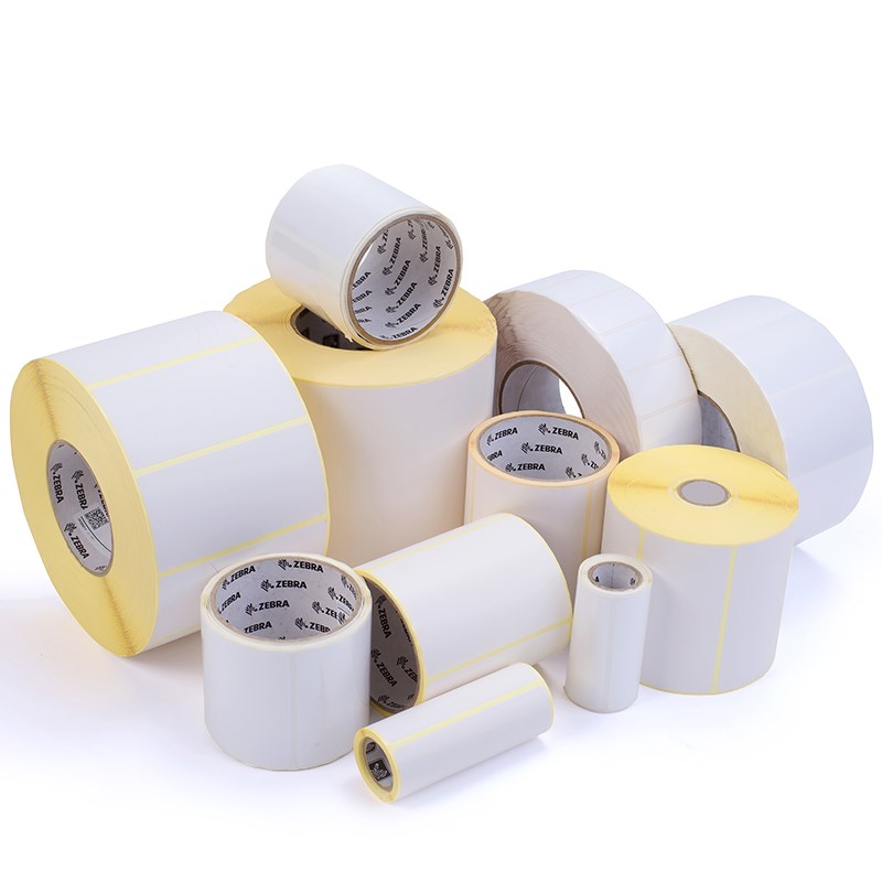 Collection of Zebra label rolls on a white background