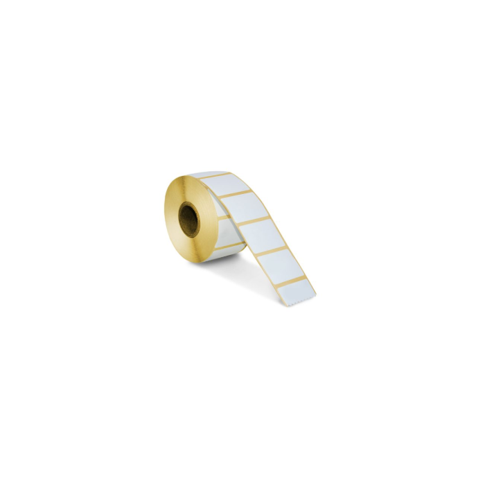 A roll of white thermal labels for direct thermal printing.