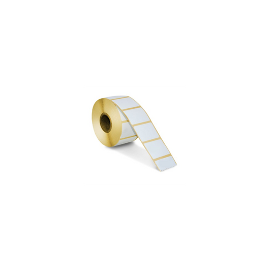 A roll of white thermal labels for direct thermal printing.