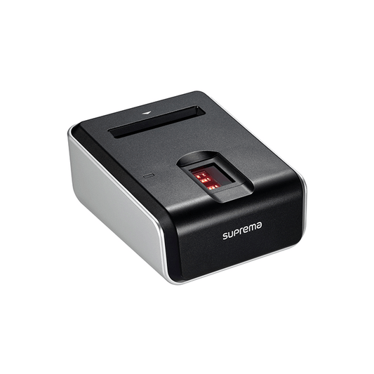 Suprema fingerprint reader on a white background