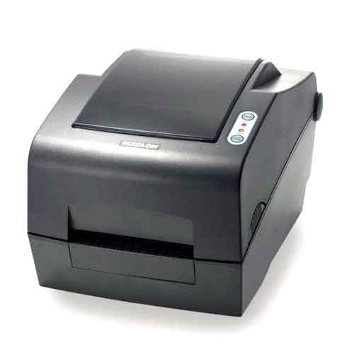 A black Bixolon SLP-TX403G thermal transfer barcode label printer with a paper exit tray and control buttons visible.