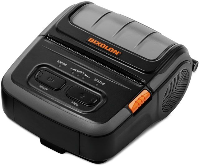 A Bixolon receipt printer with a black body and orange detailing, featuring a display screen and control buttons.