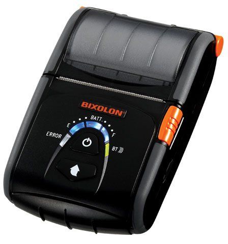 A Bixolon SPP-R200 barcode label printer, predominantly black in color, with orange accents on the control buttons.